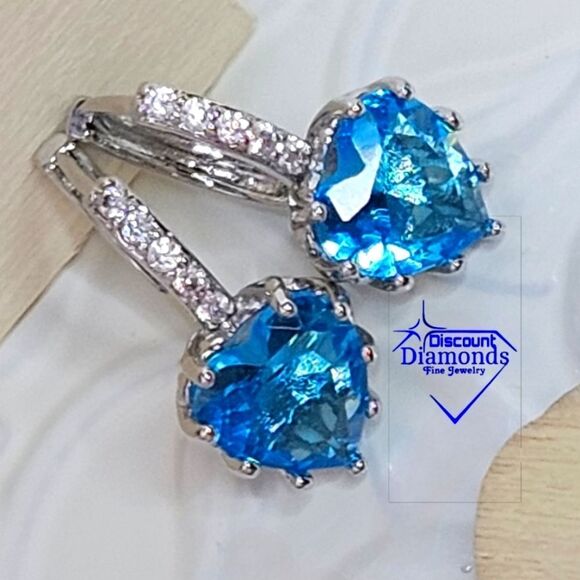 Sky Blue Sapphire Dangle Earrings & White Baguette Diamonds on 925 Silver - Picture 5 of 8